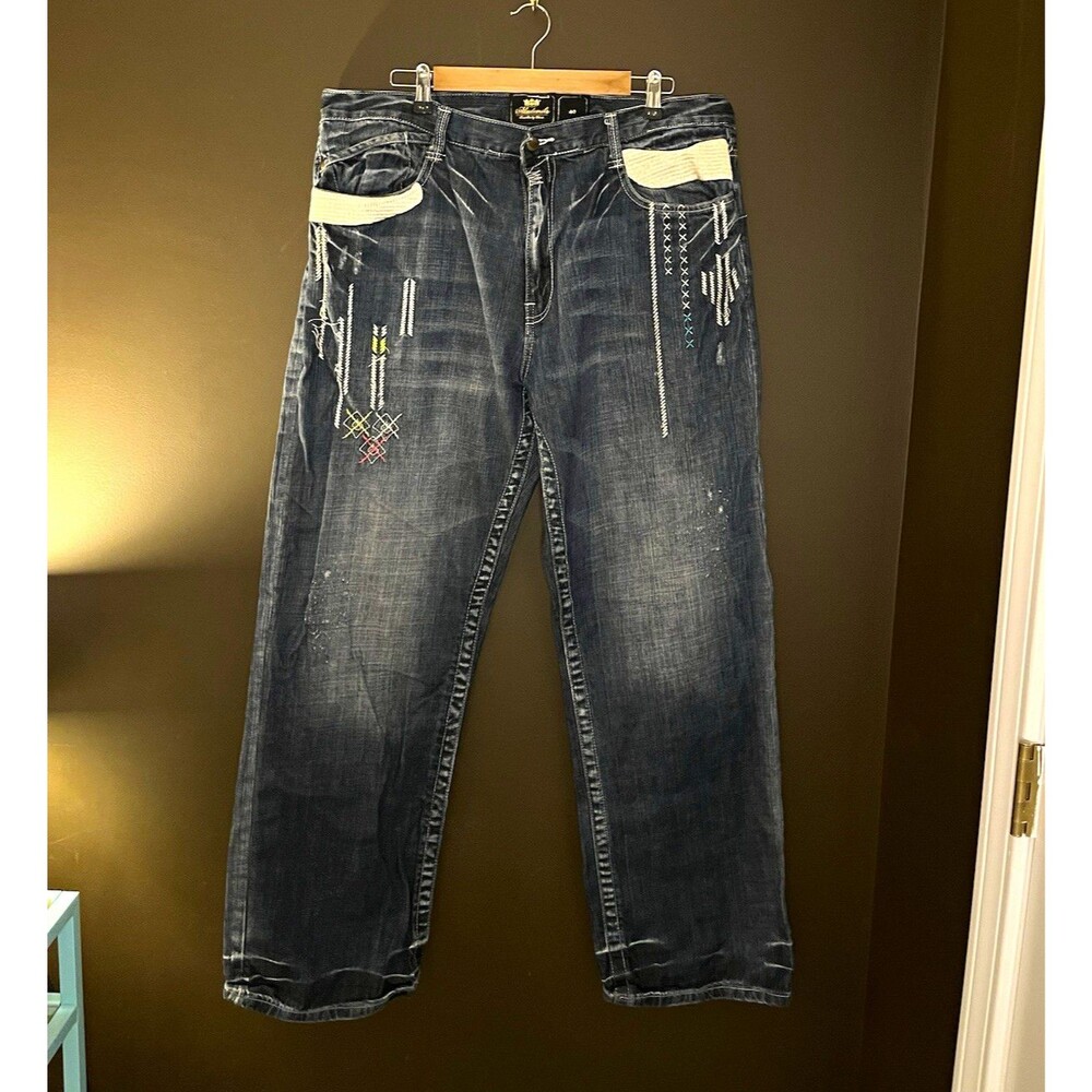 Akademiks Jeans Mens Relaxed Straight Dark Wash Blue Denim Embroidered Logo